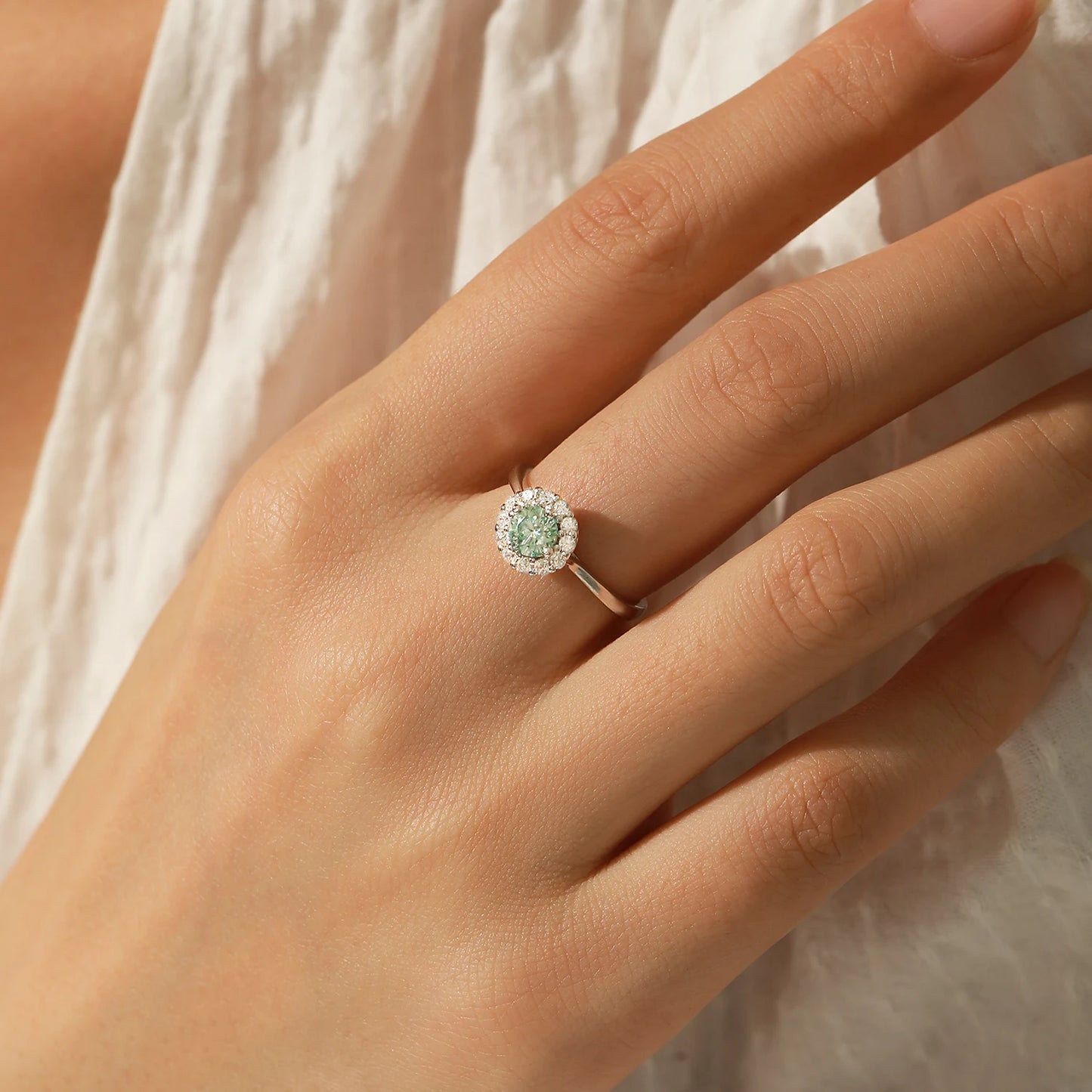 Green Teal Moissanite Halo Ring